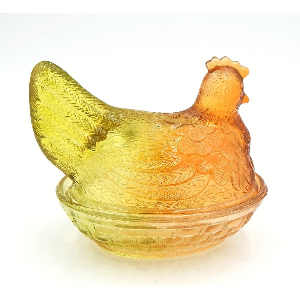 Glass Hen On Nest Ombre Amber Yellow Covered Candy Dish 6 Inch Vintage - Picture 4 of 10